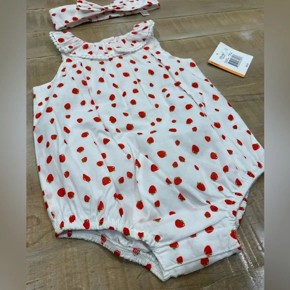 Little Me baby girl matching strawberry bubble romper onesie dress headband - Picture 3 of 8